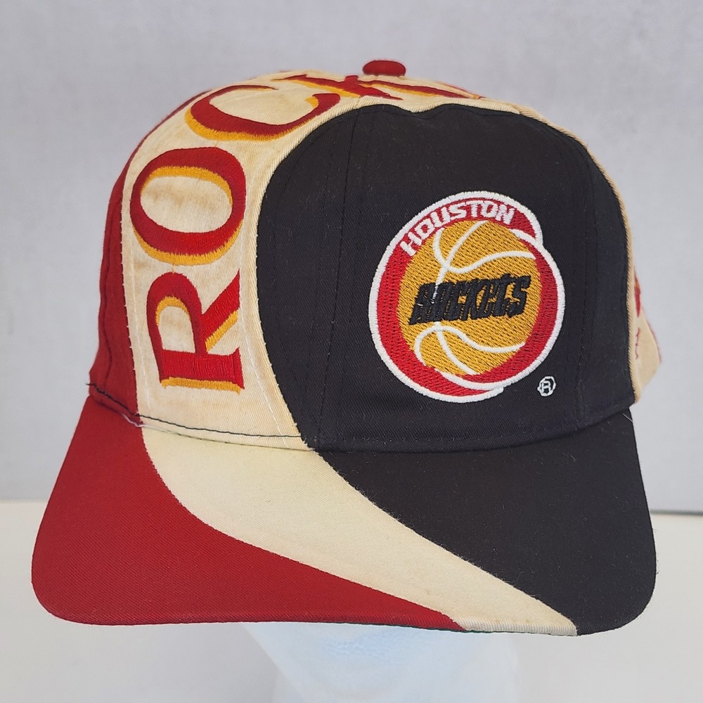 Vintage 90's Houston Rockets Swirl Wave Snapback Hat NBA Red Black Cap